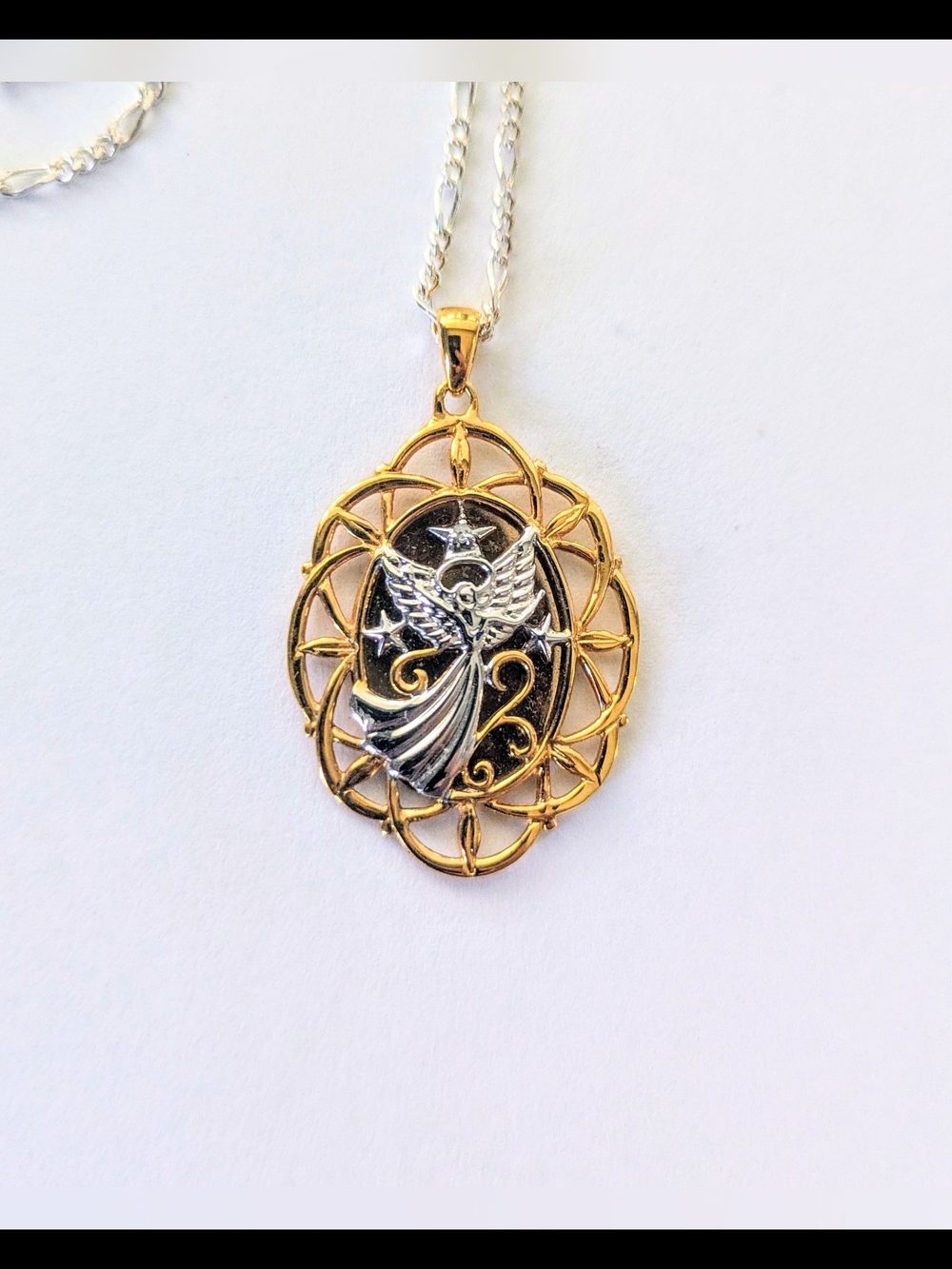 MICHAEL ANTHONY Gold Over Sterling Guardian Angel Pendant Figaro Chain Necklace